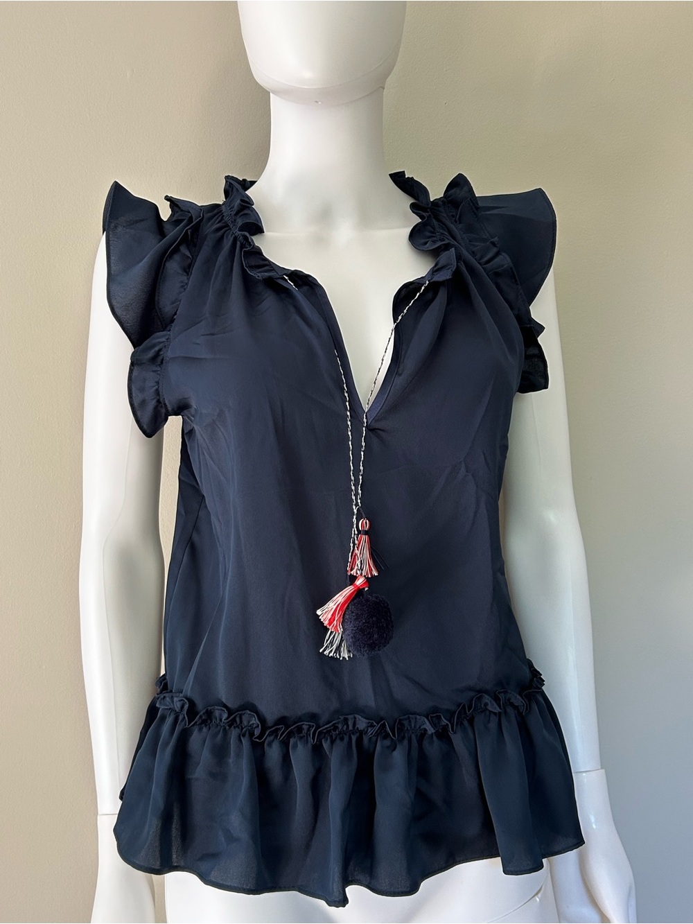 MISA Los Angeles XS Navy Blue Ruffle Peplum Blouse Tassel Pom Pom Top
